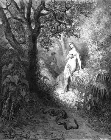 Ilustración de Gustave Doré para el "Paraíso Perdido" de John Milton (Libro IX, 784-790)